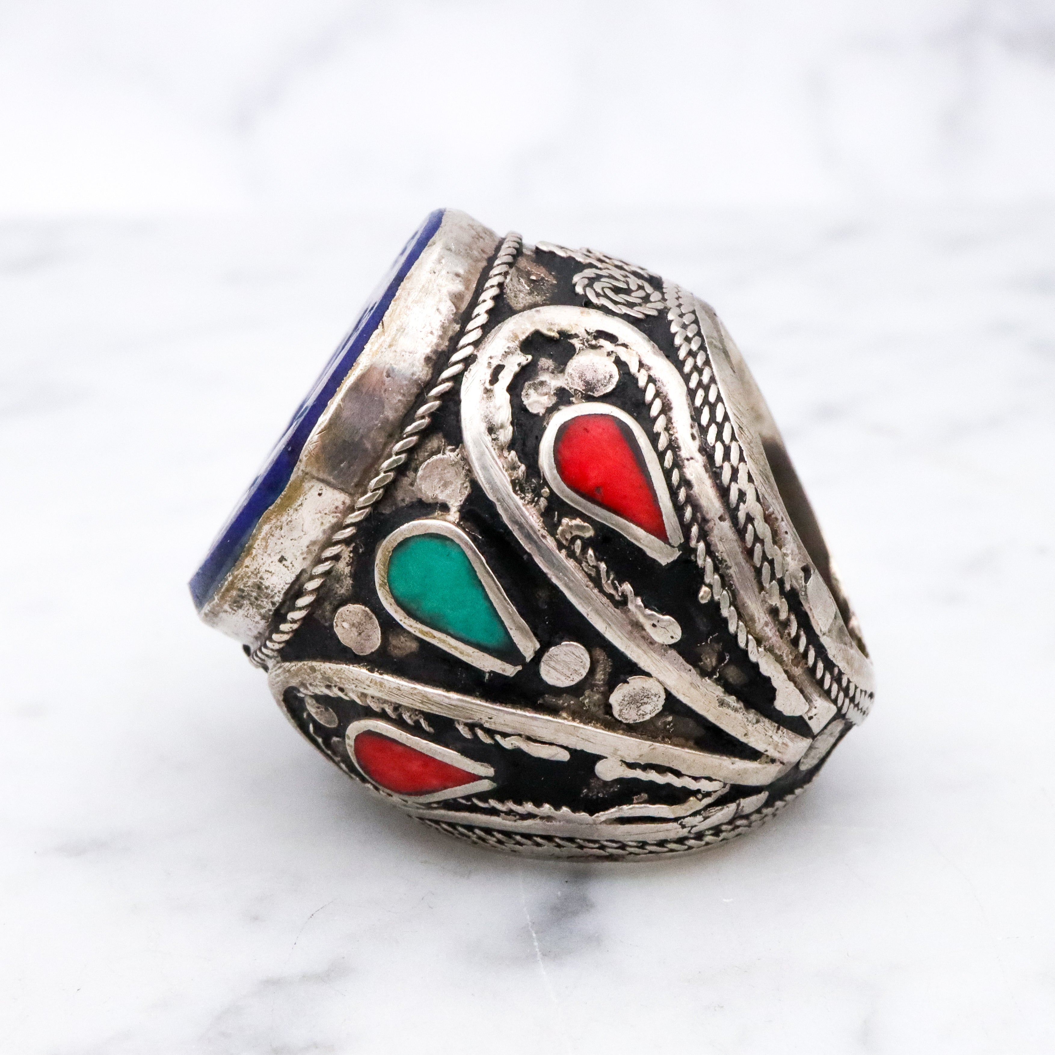 Vintage Afghan tribal silver lapis intaglio ring, size 5.5